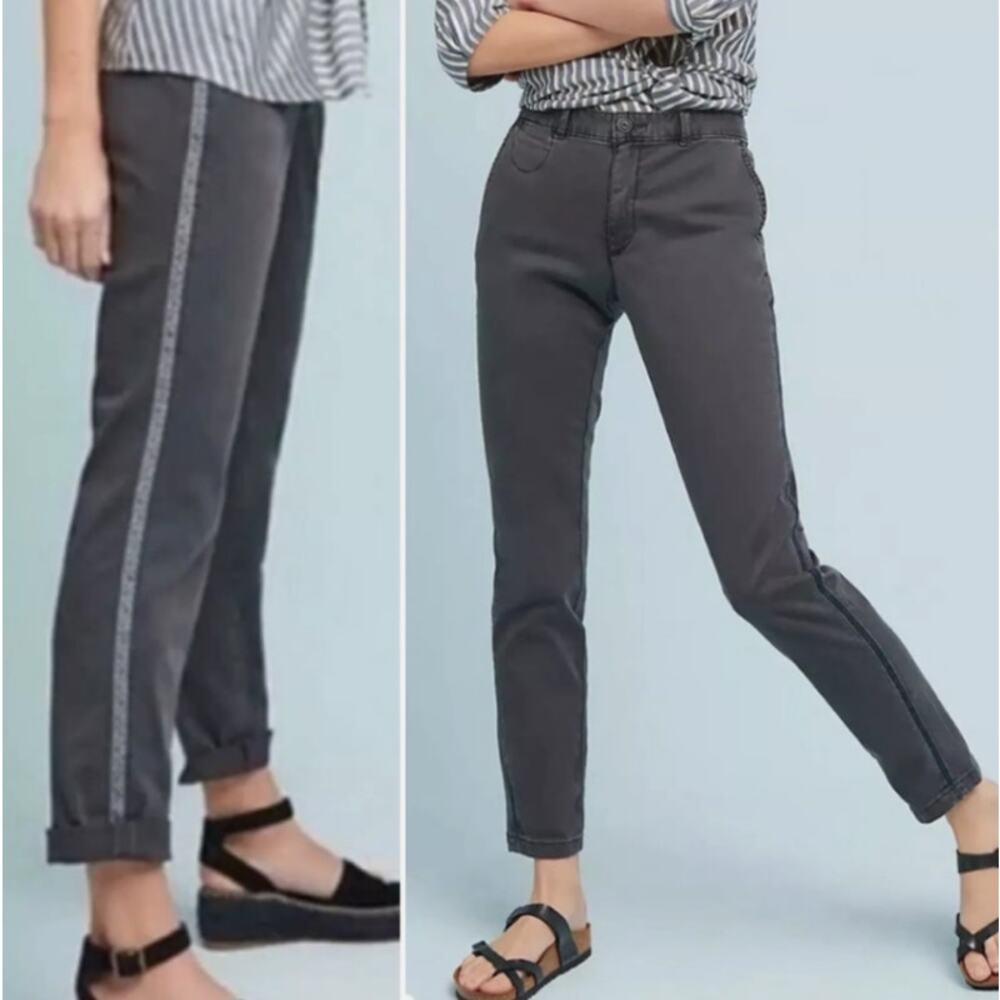 Chino by Anthropologie Gray Relaxed‎ Embroidered Tuxedo Stripe Pants Women's 30